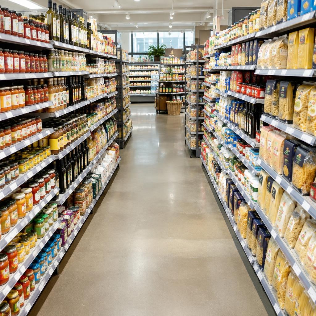 Grocery store aisle stocked with gourmet foods
