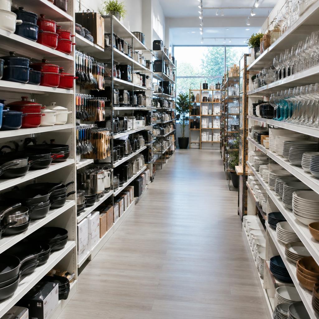 Home goods store shelves stocked with cookware and dishes