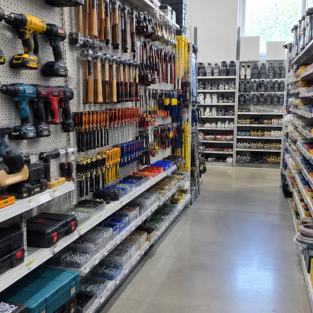 Hardware store aisle stocked with tools and fittings