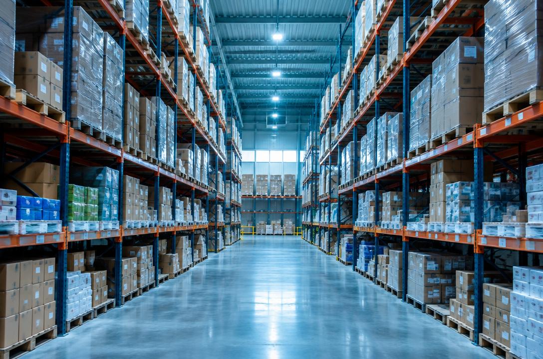 Organized wholesale warehouse with stocked pallets and shelving